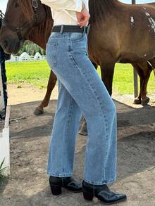 Women's Mid-Rise Straight-Leg Utility Jeans - Classic Wash Pure Color Non-Stretch Denim Pants With Multiple Pockets - Medium Wash - View 4