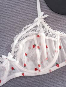 1 Conjunto de lencería cómoda para mujer con estampado de fresa blanca, encaje y lazo, con aros - Blanco - Ver 5