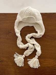 1pc Women's Cute Casual Style Fashion Handmade Knitted Aviator Hat With Long Braided Rope Decor, Heavy Craft Ear Protection, Versatile Face-Slimming Breathable Hat For Travel And Daily Wear - Solid Color - View 8