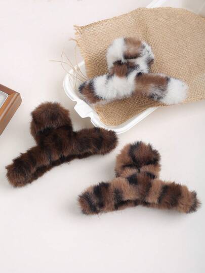 3pcs Vintage Faux Fur Leopard Print Hair Claw Clips, Elegant For Thick Hair, Suitable For Daily And Party Occasions, Autumn/Winter