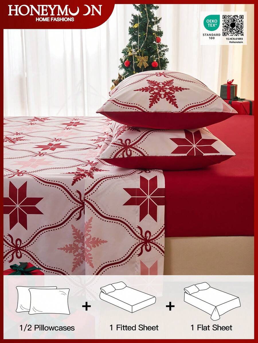 Juego de sábanas de 3/4 piezas con estampado de copos de nieve y enrejado, con sensación suave como una nube, resistente a las arrugas y al encogimiento, que incluye 1 sábana plana + 1 sábana ajustable + 1/2 fundas de almohada, sábana de bolsillo profundo, para camas de todos los tamaños, certificado Oeko-Tex