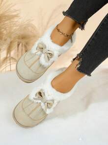 Bottes de cheville d'hiver pour femmes, douces et chaudes, doublées de thermique. Décor mignon avec nœud, tige  semelle épaisse confortable et antidérapante. Bottes de neige casual - Beige - Voir 3