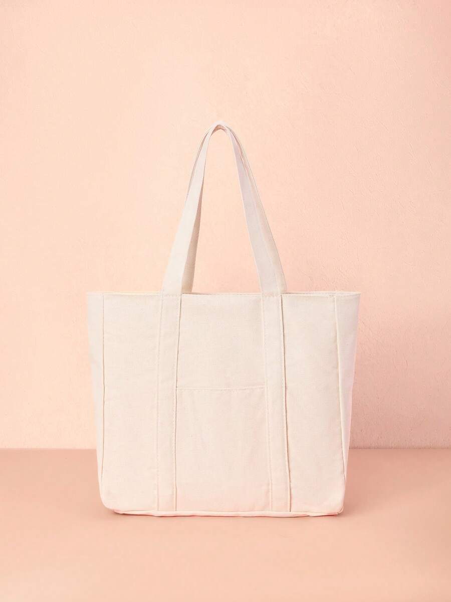 Hatastic 女士纯色帆布单肩包，春夏款式，大容量，休闲手提包，适合上学或上班，可作书包，大容量，便携，适合青少年女孩、女性、大学生、白领，大容量书包手提包，音乐节礼物 - 白色 - 查看 1