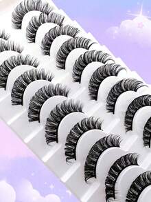 10 Pairs D Curl Russian Strip False Eyelashes Cat Eye Lashes Natural Look Fluffy Faux Mink Lashes Volume Wispy Long Foxy Eye Lifting Look Fake Eyelashes - 黑色 - 查看 9