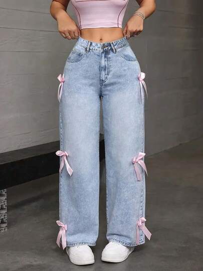 Teen Girl Creative Bow Decor Straight Leg Jeans