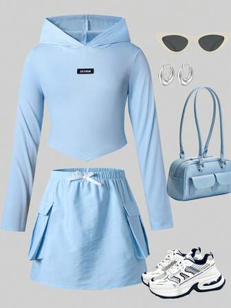 2pcs Girls Hooded Ribbed Long Sleeve T-Shirt And Cargo Skirt Set, Casual Sportswear For Spring And Autumn