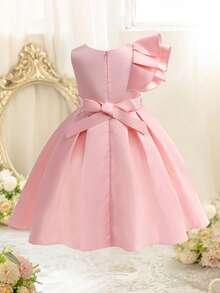EHOMKIDS Young Girl Toddlers Solid Satin Party Dress With Faux Pearl Belt And Ruffle Trim, In Midi/Long Length, For Wedding And Party Events - Pink - View 4