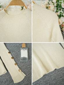 女式卡其色高领毛衣，金属纽扣装饰，温暖针织上衣，适合分层穿着，适合通勤和日常穿着，秋冬 - 米杏色 - 查看 8