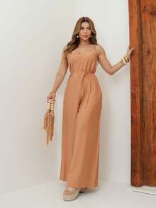 A&DD MODA, REF: Y492 Elegant Women's Jumpsuit With Suspenders, Adjustable Straps And Side Pockets, Casual And Sophisticated Modeling, Uncomplicated And Chic Look, Women's Jumpsuit Tailored For All Occasions, Modern And Comfortable Style - 杏色 - 查看 4