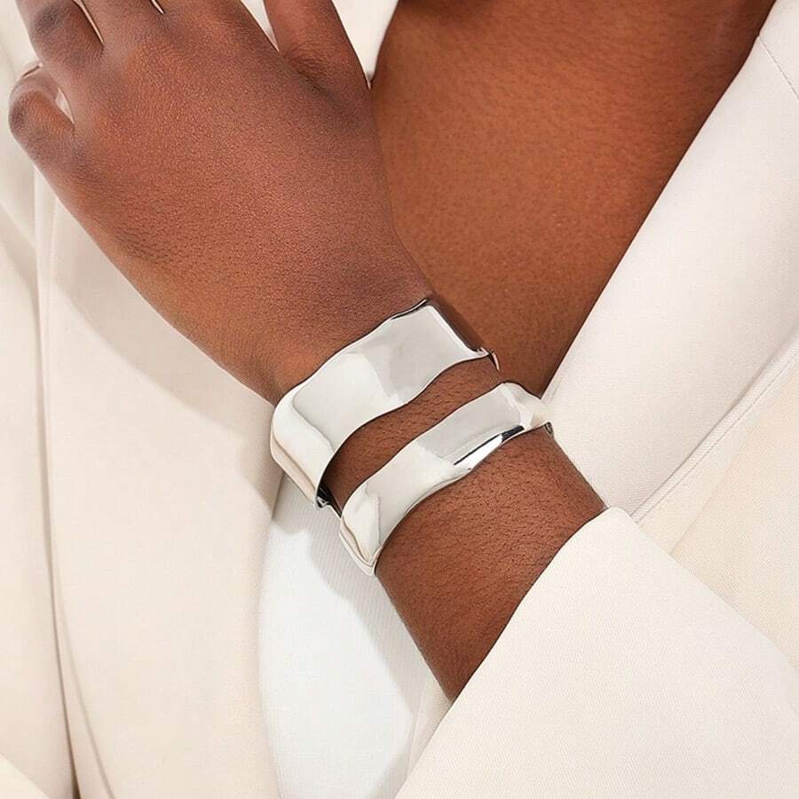 Wide Women's Bracelet, Contemporary And Elegant Design, 925 Silver And 18K Gold Plated, Minimalist Geometric Style - Bạc - Xem 1