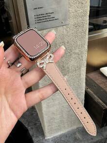 1pc Women's Lotus Pink Leather Bow Crystal Strap Compatible With 38/40/41/44/45/49/42/46mm Series 11/SE3/Ultra3/Ultra/SE/SE2/10/9/8/7/6/5/4/3/2/1 - Lotus Pink Rose Gold Buckle - View 6