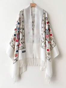 1pc Women's Autumn/Winter Faux Cashmere Embroidered Scarf, Thick Warm Tasseled Embroidered Bohemian Style Travel Shawl Poncho - White - View 5