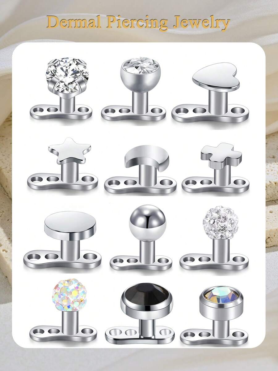 14G Dermal Anchor Tops And Base 316L Stainless Steel Dainty CZ Microdermals Body Piercings Studs Punk Personalized Jewelry Gifts For Women Hypoallergenic Multiple Styles - Silver - View 1