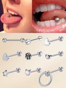 1 件心形不锈钢舌钉 女士舌铃钉 14G 舌穿孔饰品 舌环 银线舌铃环饰品 - 舌釘-B - 查看 9