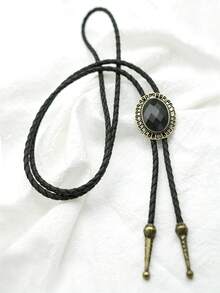 ربطة عنق بولو لرجال ونساء، بسلك جلد أسود على الطراز الغربي القديم مزين بأحجار كريمة لامعة، إكسسوار قلادة رسمي أو كاجوال