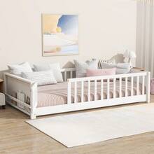 Twin Size Kids Montessori Floor Bed,Twin Floor Bed Frame With Slats And Bookcase,Solid Wood Montessori Bed For Girls Boys - Trắng + Gỗ Cao Su + Đôi-1 - Xem 2