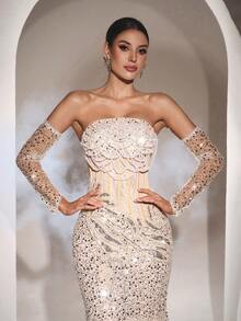 Đầm dạ hội sang trọng Astony, được trang trí bằng sequin, tua rua và ngọc trai, với thắt lưng xương cá, cổ tay áo đính sequin và chân váy đuôi cá quyến rũ. Thích hợp cho lễ hội hóa trang, đám cưới, lễ đính hôn, tiệc sang trọng, lễ hội âm nhạc và tiệc sinh nhật. - trắng - Xem 5