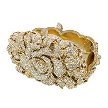 Elegant Women Rose Flower Clutch Sparkly Rhinestone Evening Bag Diamond Crystal Purse Handbag For Wedding Prom Party - Dark Gold - 查看 6