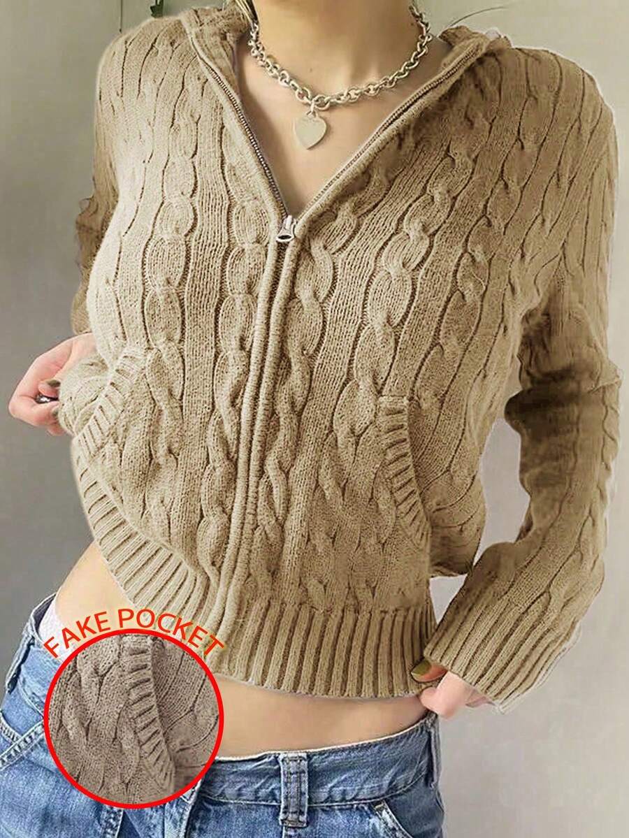 女式 Y2K 针织上衣，带装饰口袋，休闲连帽运动衫，轻便舒适，适合休闲、日常、约会、居家、办公室、派对、节日、购物、万圣节、圣诞节、感恩节、度假 - 卡其色 - 查看 1