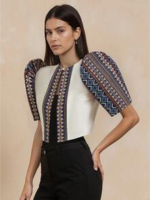 Amyenjoylife 现代菲律宾传统上衣，菲律宾传统蝴蝶袖上衣，女士优雅拼接泡泡袖开衫上衣（夏季款），女士菲律宾传统短款上衣，香槟色上衣 - 香檳色 - 查看 5