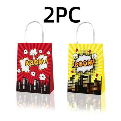 2 حقيبة هدايا ورقية كرافت بمقابض بشعارات "بوم" و"باو" لأبطال الخارقين، مناسبة لتوزيع الهدايا في حفلات أعياد الميلاد والديكورات