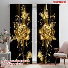 2D Flat, 2-Piece Festive Christmas Decor Window Curtains, Digital Print With Elegant Rose Golden Floral & Butterflies, Christmas Window Curtain Gift For Bedroom, Living Room, Office, Night Curtain Suitable For General Festivities And Winter Holiday Parties, Perfect For Living Room, Kitchen, Bedroom, And Holiday Winter Decor, Outdoor Christmas Decorations, Rod Pocket Design, Fade-Resistant, Xmas Artistic Style - 彩色 - 查看 3