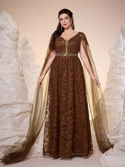 Mgiacy,New Arrival,V-Neck, Embroidered Lace, Bubble Beads, Fluttering Pieces, Slit Sleeves, Large Hem, High-End Evening Dress,FOR,Prom Wedding,Party Dress,Wedding Guest Dress, Evening Dress