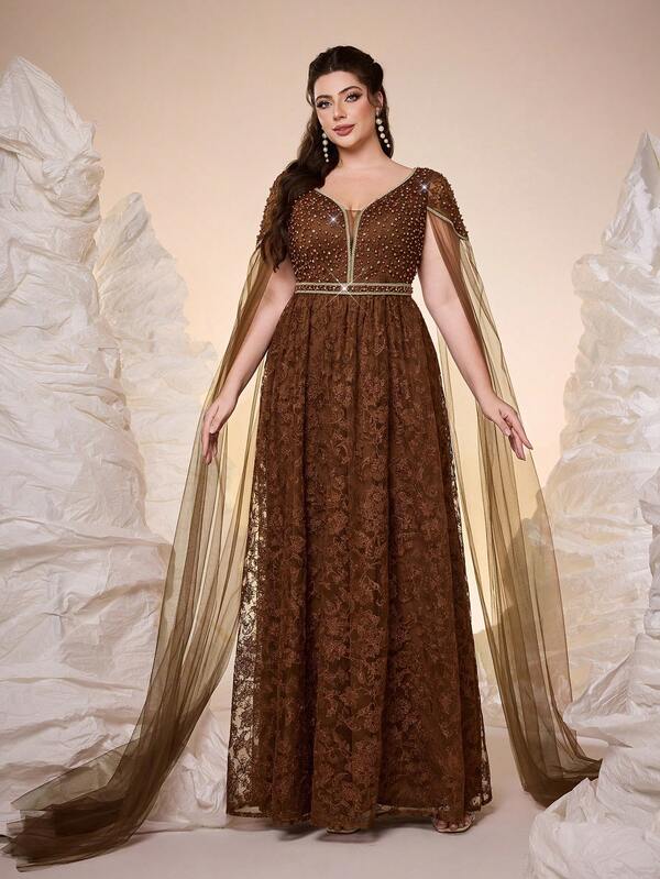 Mgiacy, Nowość, Dekolt w serek, Haftowana koronka, Koraliki bąbelkowe, Powiewające elementy, Rozcięte rękawy, Szeroki dół, Suknia wieczorowa z najwyższej półki, NA, Bal maturalny, Suknia imprezowa, Suknia dla gościa weselnego, Suknia wieczorowa