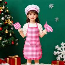 1 套儿童厨师烹饪格子围裙角色扮演玩具套装，男孩女孩烘焙角色扮演，家庭互动，圣诞服装 - 彩色 - 查看 6