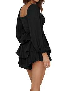 Women Puff Long Sleeve Romper Off Shoulder Ruffle Flowy Short Jumpsuit Layered Pirate Dress With Shorts Playsuit - Black - View 2