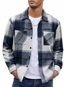 Chaqueta Camisa De Pana Hombre,Camisa Cuadros Hombre de Manga larga Solapa Casual y Versátil , con bolsillo utilitario, para otoño e invierno - Azul oscuro - Ver 4