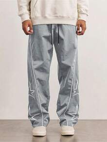 Pantalones de corte holgado para hombre Bordado de estrellas a rayas laterales Estilo americano vintage - Gris - Ver 2