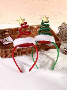 Tiara de Natal Fofa com Design de Estrelas, Árvore de Natal Espiral com Elementos Cartoon, Estampas, Decoração de Primavera, Tiara de Natal Adequada para Festa e Decoração de Feriado, Acessórios de Cabelo