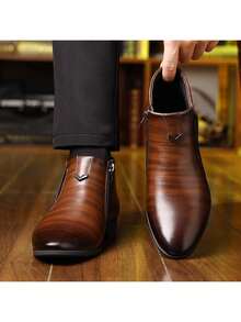 Men's Pointed Toe Fashion Boots, Striped Embossed Side Zipper Short Boots, Solid Color Business Western Style Elastic (Pull Tab) Side Zipper, Office Wear, All Season Fashion