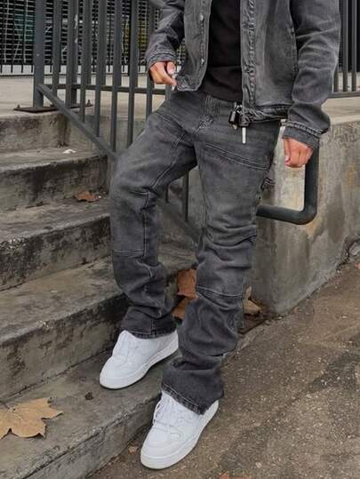 Men's Washed Solid Black & Grey Elastic Patchwork Straight Loose High Street Korean Style Y2K Denim Jeans
