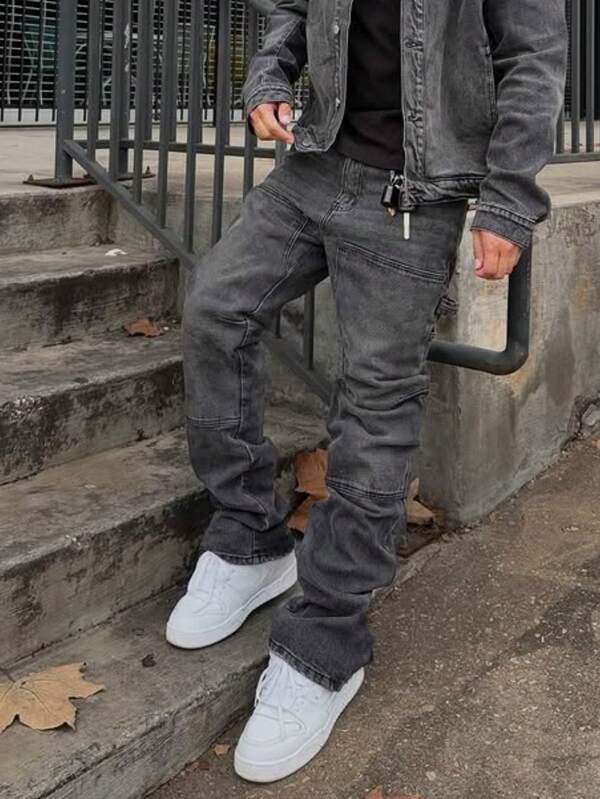 Jeans rectos y holgados de estilo coreano Y2K con parches elásticos de color negro y gris sólido lavado para hombre