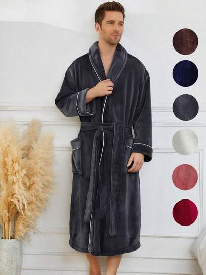 1 Pc Men Flannel Fleece Robe, Winter Warm Luxury Soft Plush Spa Robe For Men And Women, Fluffy Bathrobe With Belt & 2 Pockets, Shawl Collar Bathrobe, Soft Towel Robe For Men - Super Absorbent Quick Dry Yet Warm,Best Gift For Christmas,Father's Day,For Lovers, Bath Towels, Wearable Towels, Long Robe, Bath Robe, Bathroom Decors, Bathroom Accessarles, Valentine's Day Gift
