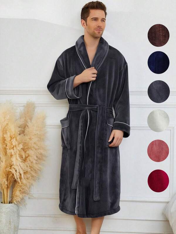 1 Pc Men Flannel Fleece Robe, Winter Warm Luxury Soft Plush Spa Robe For Men And Women, Fluffy Bathrobe With Belt & 2 Pockets, Shawl Collar Bathrobe, Soft Towel Robe For Men - Super Absorbent Quick Dry Yet Warm,Best Gift For Christmas,Father's Day,For Lovers