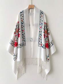 1 件女士秋冬仿羊绒刺绣围巾，厚实保暖流苏刺绣波西米亚风格旅行披肩斗篷 - 白色 - 查看 5