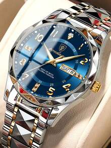 POEDAGAR 1枚不锈钢石英表，双日期显示，奢华防水夜光男士腕表，休闲男士腕表，适合日常佩戴，节日男士礼物 - 藍色 - 查看 11