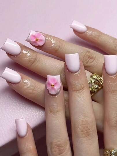 10pcs Y2K Style Pink Flower Gold Bead Press On Nails, Pure Manual Light Pink Square Nails, Light Pink Ground Color, Three-Dimensional Pink Flower, Gold Bead Embellished False Nails, Cute And Textured, Necessary In Autumn And Winter, Suitable For Daily Use, Parties, And Dinner Parties, Are The Best Gift For Women/Women.