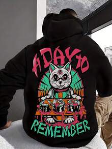 Handsome Men'S Hoodie With English Letters And Horror Elements Printed On It. Evil Kitten Cartoon Versatile Printed Hoodie With Pocket Details For Easy Release And Storage. Soft And Comfortable Fabric Is The Best Choice,Fall Hoodies,Men's Fall Clothes,Street Wear,Halloween,Mens Hoodies,Y2k Clothes,Jesus Hoodie,Thanksgiving Day,Nightmare Before Christmas,Christmas - Black - View 1