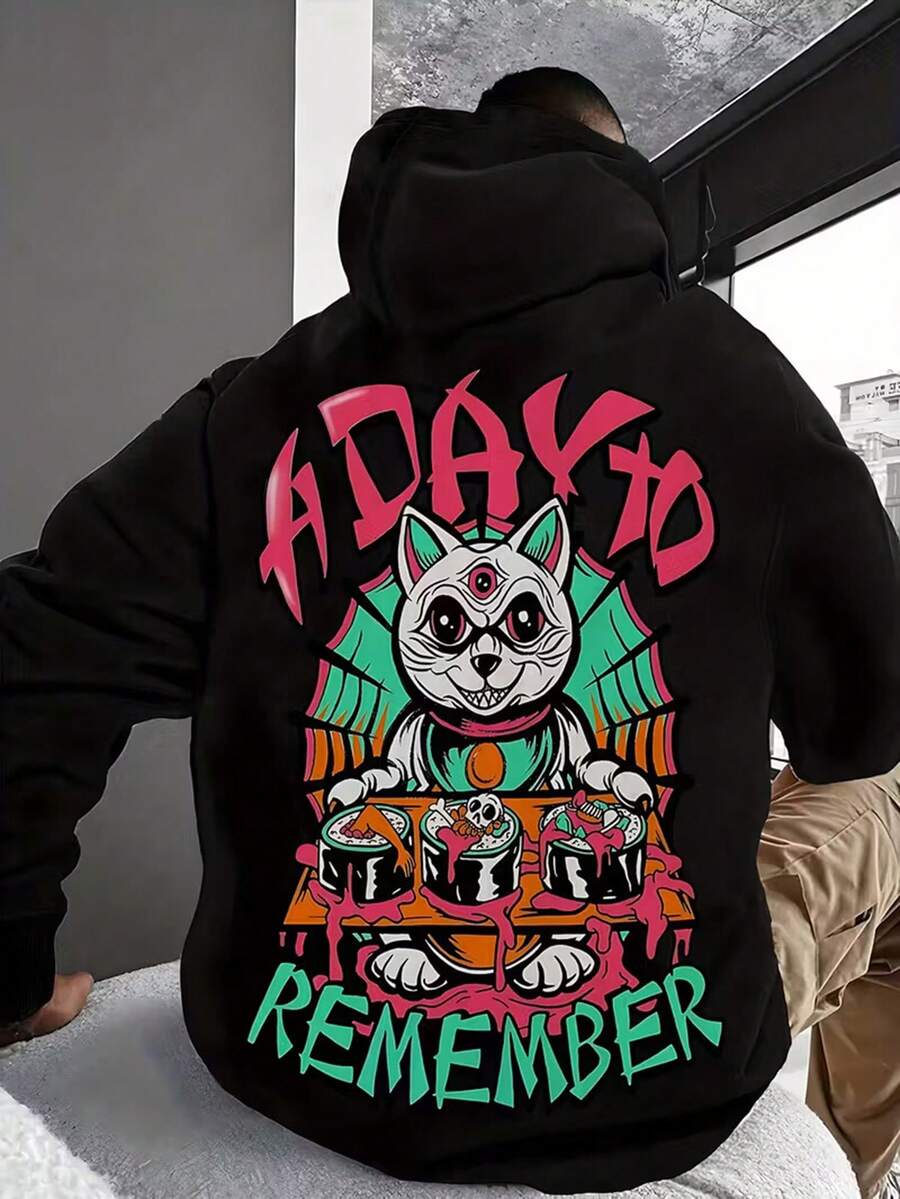 Handsome Men'S Hoodie With English Letters And Horror Elements Printed On It. Evil Kitten Cartoon Versatile Printed Hoodie With Pocket Details For Easy Release And Storage. Soft And Comfortable Fabric Is The Best Choice,Fall Hoodies,Men's Fall Clothes,Street Wear,Halloween,Mens Hoodies,Y2k Clothes,Jesus Hoodie,Thanksgiving Day,Nightmare Before Christmas,Christmas - Black - View 1