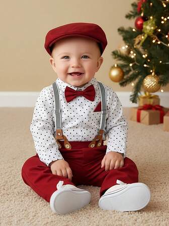 BOARNSEORL 3 件套男婴绅士服装套装：蝴蝶结长袖衬衫、吊带背带裤和帽子，时尚精致，适合生日派对、满月庆祝、洗礼、户外玩耍