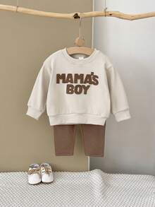 Set de 2 piezas de sudadera de manga larga con parche de letras y pantalones casuales para niño bebé, primavera/verano - Marrón - Ver 7