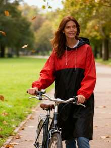 معطف مطر أسود وأحمر سميك مقاوم للماء للرياضات الخارجية الكاجوال، بتصميم لوحة قطع، مقاوم للرياض ومقاوم للماء من EVA سميك مع غطاء للجسم كامل للسفر والأنشطة الخارجية والدراجات والتنزه، للنساء البالغات