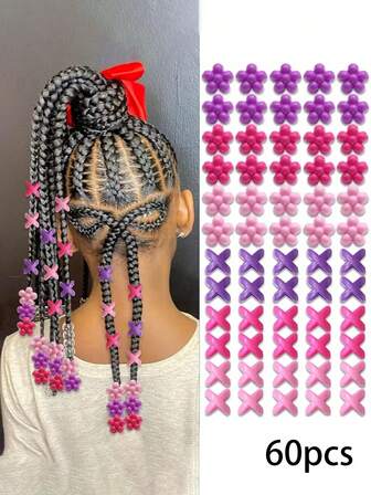 60pcs Assorted Pink, Purple & Fuchsia Dreadlock Beads - Durable Acrylic Flower Hair Accessories For Girls, Parties, Everyday Hairstyles - Easy To Use & Long-Lasting, Braids, Ponytails Decor, Glossy Finish, Smooth Texture, Fashion Enthusiasts