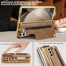 VIETAO Funda de teléfono con soporte, correa para la mano y ranura para tarjetas, chapada en oro, de piel sintética, compatible con Samsung Galaxy Z Fold 7 6 5 4 3 Fold6 - Marrón - Ver 3