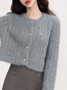 女士时尚短款保暖蝴蝶结多功能圆领长袖毛衣开衫针织外套秋冬街头潮流 - 灰色 - 查看 5