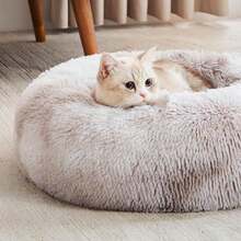 Calming Soft Round Dog & Cat Bed, Anti-Anxiety Donut Cuddler Warming Cozy Fluffy Faux Fur Plush Cushion Bed For Small Medium Pets (20"/24"/27"/30"), Light Grey - Trắng Xám - Xem 4